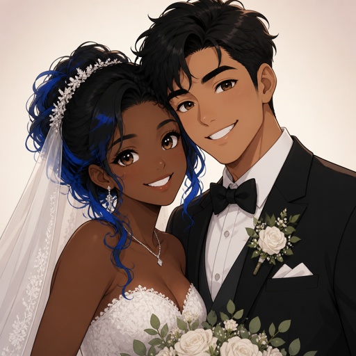 I want a  picture of an African American girl with black and blue hair In the back and white with a quarter Mexican boy with  black  hair together and there in a wedding .
