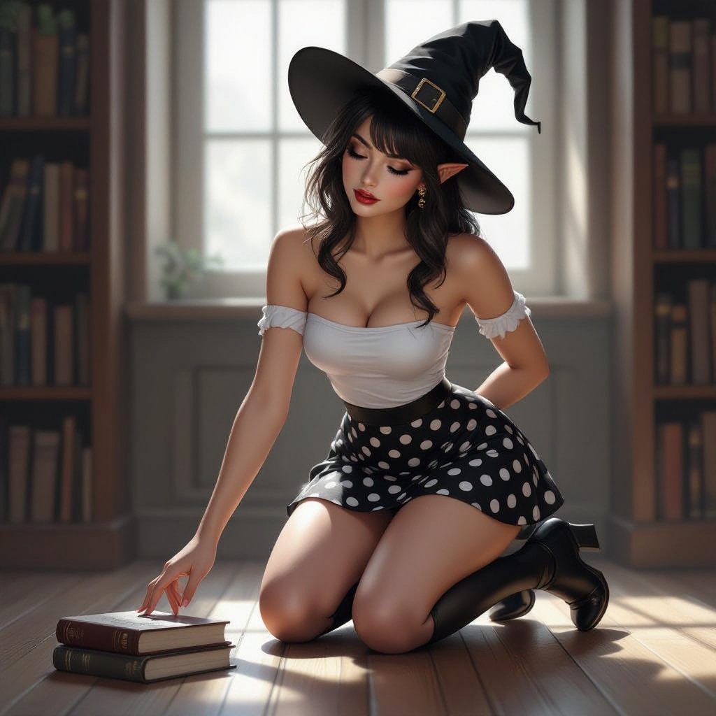 Tight Black and White Polka Dot Miniskirt Elf Witch Librarian with Brunette Hair. Tight white tube too and witches hat. Bending down picking up a Book from the floor