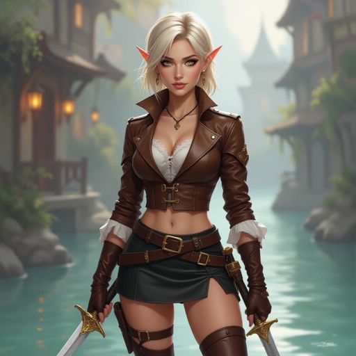 🎨 Prompt — “Ffionna Baelyn: Shallow End Inn (Appearance + Scene Canon)”  A semi-realistic fantasy painting of Ffionna Baelyn, a female High Elf assassin with a blonde pixie cut, fair ivory skin with warm undertones, and sharp green eyes flecked with gold. She has pointed ears and an elegant, athletic build.  She wears a cropped brown leather jacket fitted to her waist with brass buckles and visible stitching detail, over a white sheer-lace blouse with a delicate neckline. A short, black fitted leather skirt sits high on her waist, sleek and practical. Her gloves are fingerless brown leather, and her thigh-high brown boots match in tone, polished with subtle shine and high, narrow heels. Two polished short swords with gold-filigree guards and brown leather-wrapped hilts rest symmetrically at her hips, catching the light faintly.  Ffionna sits at the wooden bar inside the Shallow End Inn, perched on a stool with one leg crossed over the other in a confident, relaxed pose. Her expression is calm, observant, and composed — a professional at rest but ever alert. The scene is dimly lit by warm lanterns and candles reflecting off bottles and swamp water beyond the open shutters. The air feels humid, the wood aged and dark, and a faint mist glows beneath the lanterns.  Lighting should be warm and balanced, highlighting her features and outfit details with natural, painterly texture. Composition: full-body to shins, semi-realistic fantasy art style following the 8-heads rule of proportion.