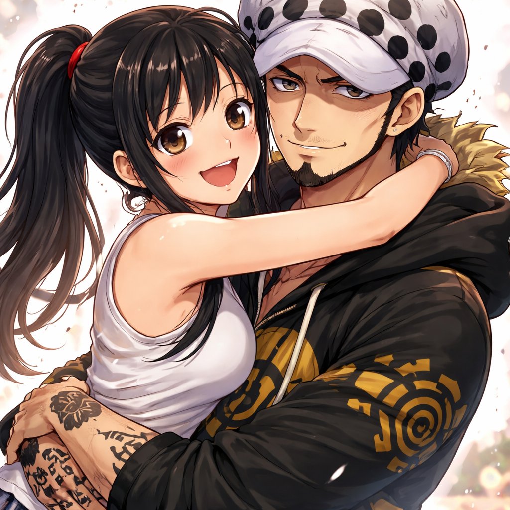 Girl with a black ponytail hugging trafalgar law in one piece