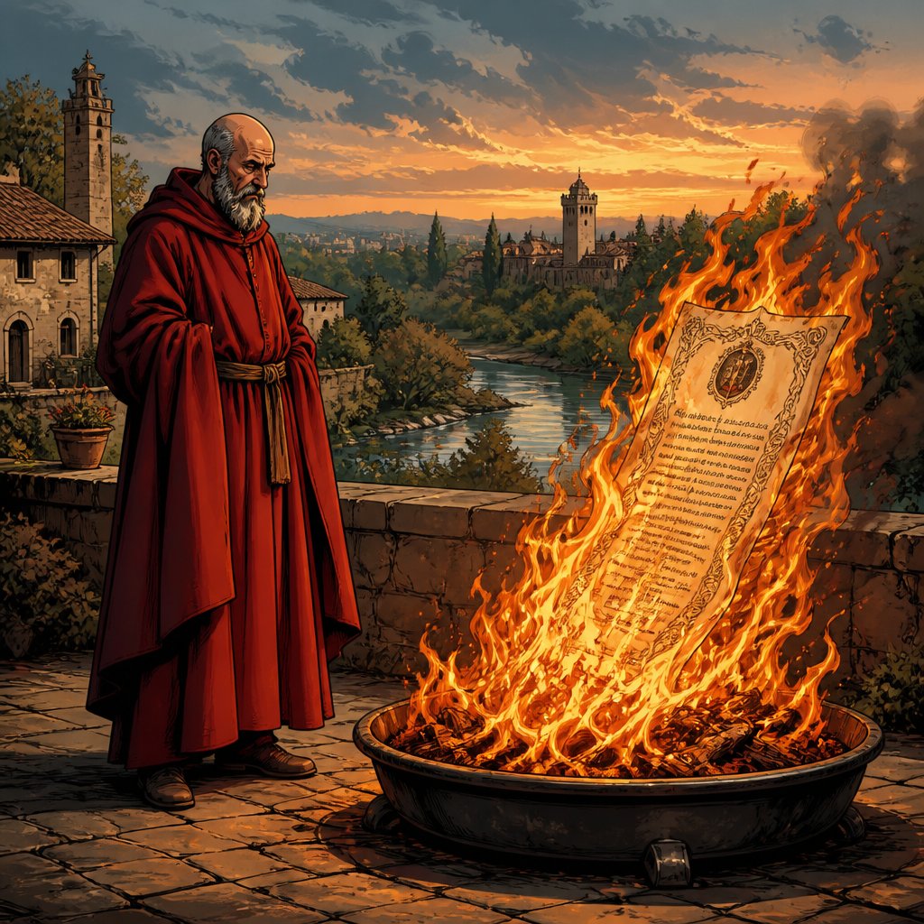 Gray haired, bald man with a short gray beard beard old, dressed in a monk style reddish robe stands in front of a fire is burning a large ornate parchment. he is not holding the parchment. The parchment is in the fire. Renaissance background is in a yard surrounded by trees and a little river no speech bubbles, intense colours no print dots no caricature, highly realistic. Longshot full body.
