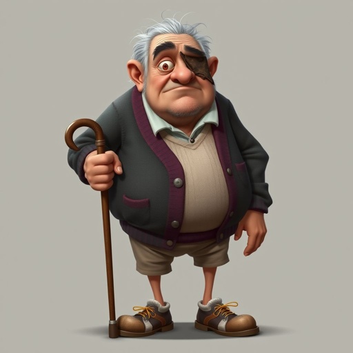 Create a grouchy funny old character who has 1 eye patched. Make him fat with a cane. Show his whole character head to toe including shoes 