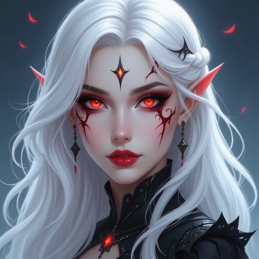 She has black around her eyes.Blood red eyes with scars around them. With platinum blonde hair