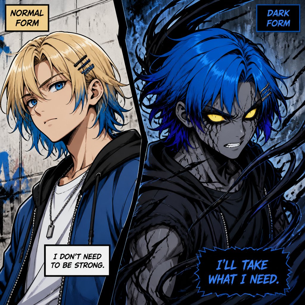 Anime male grandsons of the goddess of death,very excited boy with blonde hair and died blue tips hair styled with being up to neck length and one side having hair clips and his top hair is more bushed nice up his other side of hair being loosed with no hair clips and blue eyes casual clothes has the power of death and always looks at the good things in life When a friend or family member gets really extremely harm to possibly no return his dark side will come out his skin become gray his hair becomes full blue his tips a more dark blue his eyes become a bright shining yellow no pupils his sclera becomes black his powers become extremely strong very dangerous to be near him when he unleashes his full powers he will also have black swirls around him when this happens