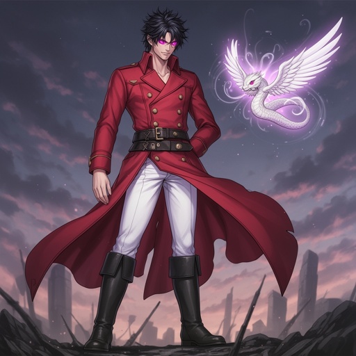 DnD, adult human man, mature, tall, badass, black short hair, Fuchsia purple eyes, white pants, black boots, red double breasted greatcoat, gold buttons, black belts,
tiny friendly elegant white winged snake flying next to him