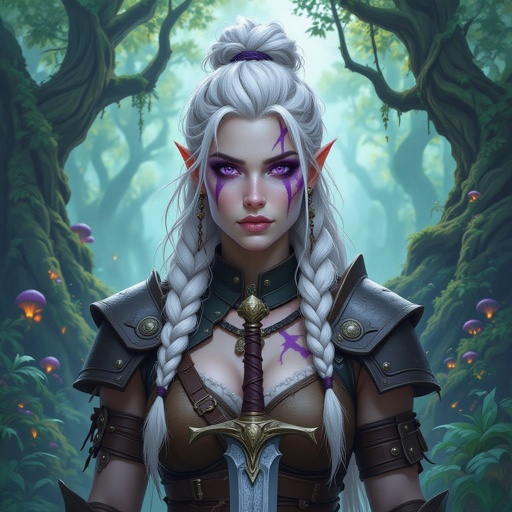 A female Goliath dnd character who has white messy battle buns down the middle and long flowing hair with a few small braids and fair pale porcelain skin with purple streaks across her face and body and deep violet purple eyes