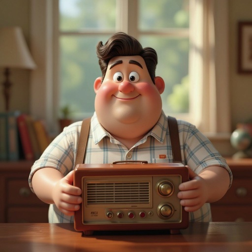 Create a funny fat guy who has a book box radio , make it Toy Story artish 