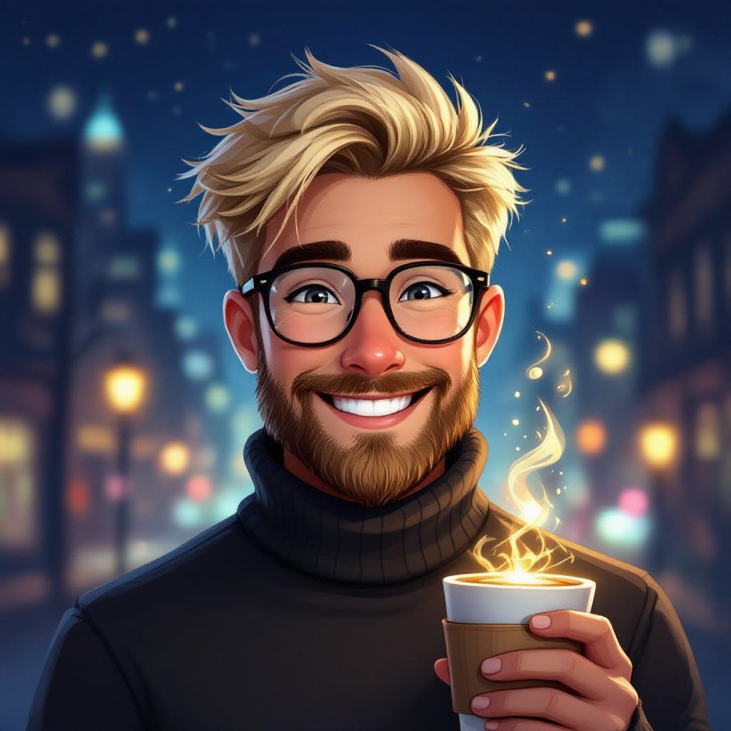 mężczyzna o blond krótkich włosach. Jasne oczy, lekko przymrużone. Szeroki uśmiech. Zarost. Bokobrody. Duże okulary z wąskimi oprawkami. Ubrany w sweter z golfem i trzymający kubek kawy.