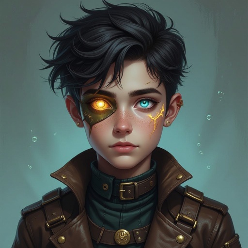 Dark mysterious character teenager boy,with a golden eye and bluish greenish eye with glowing gold veins and deep sea blue vein powers