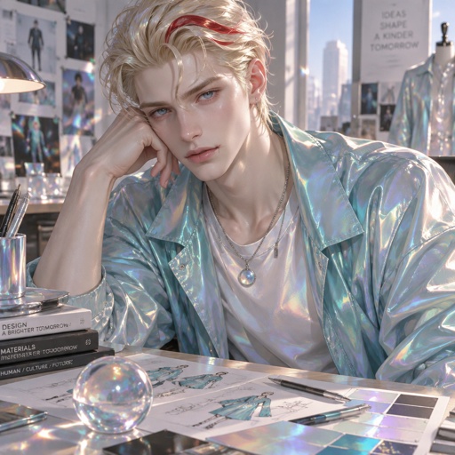 Male, blonde greased brushed back hair, curl on forehead, red streak in hair, scar on lip, blue eyes, slim, designer, cyan casual clothes,