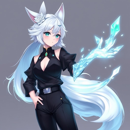 (Genshin Impact based) A pale teenage girl with a Cryo Vision wearing a royal black top and trousers with hair and small fox ears as white as snow with emerald eyes and conducting ice. She also has an ancient magical right arm