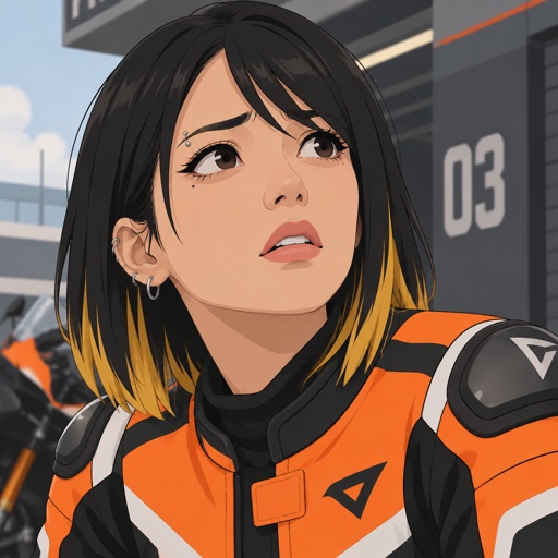 Asian female, with straight black neck length hair, yellow tips, side bangs on one side, eyebrow piercing, under eye mascara, ear piercing, motorcycle clothes orange, looking up worried, persons shadow over her