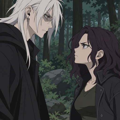 Anime style, male, name kai, highly skilled in fighting all fighting styles and weapons, long long white hair half in face, dark bags, white skin,earrings, history unknown, Female, name is Beth, medium wavy dark purple hair, gray eyes, short, open jacket with a dark green shirt, she is a Bounty Hunter for hire, there fighting in the woods looking at each other Beth with and angry face and Kai with a serious face both are glaring