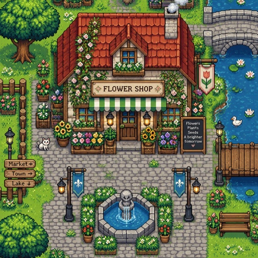 Flower shop for a fantasy game set in modern times, exterior, full building, top-down style,