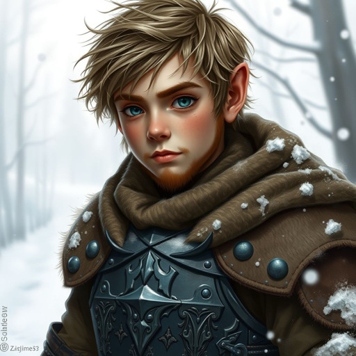 Young dwarf paladin boy. No or very small beard Short hair. Winter clothes and breastplate. Good neutral