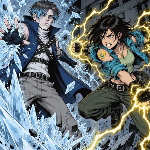 Male, pale, pale blue eyes, eye bags, short dark grey choppy hair with light blue tips hair covering one eye, white turtle neck long sleeves , blue sleeveless short trench coat, long fingerless gloves, grey pants, belts across chest, spiked on shoulders, 35, clean shaven, no emotion, ice powers,  Female, teen, freckles, dark green eyes, cyan ray shadow, ear piercings, angry, choppy black neck length messy hair, bangs on one side of face, cyan jacket with shoulder holes, light green crop top, yellow heart tattoo with a blue moon inside on shoulder, baggy pants, belt with dark and light green triangles, gold necklace, lightning powers, fighting the other, father and daughter 