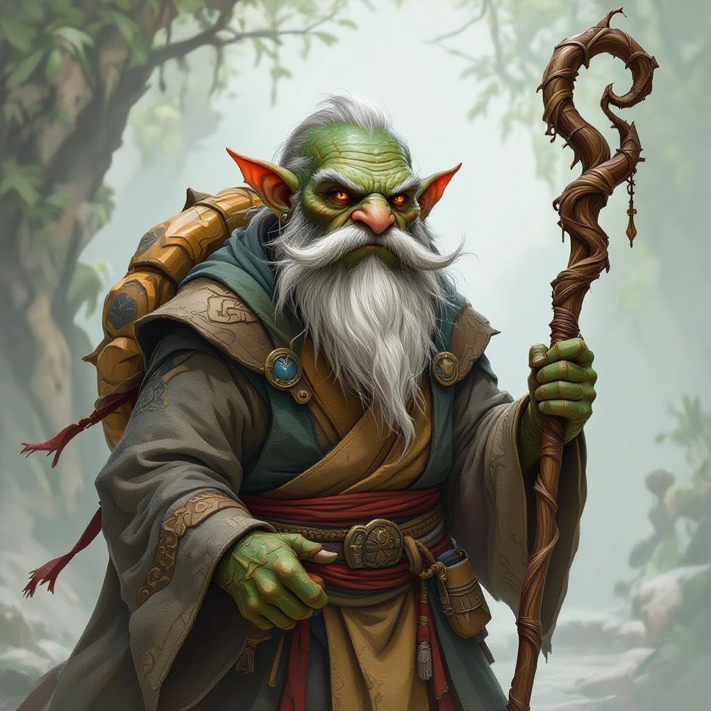 an old Tortle monk, he has a whispy mustache and a long pointy beard on his chin. His skin and shell are thick and gnarled. He is wearing classic monk robes. he is holding a wooden staff which has a curled and gnarled end at the top. he does not have ears.