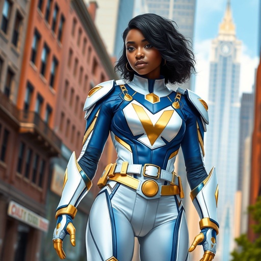 A teenage African American female superhero with slightly curly hair in a shoulder length side part style wearing a polyester armored white and blue suit with gold accents and a stylized V as her chest emblem a utility belt and gold boots standing in Philadelphia