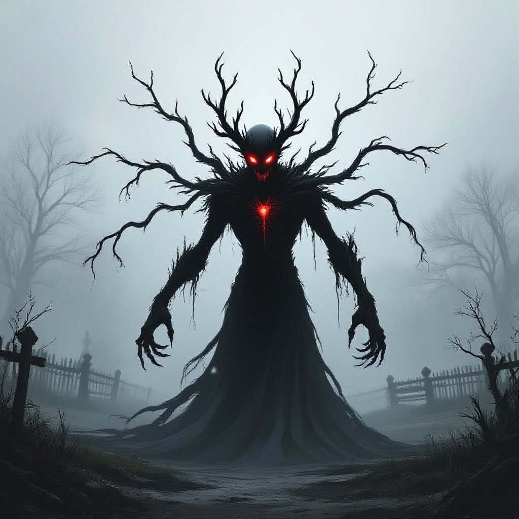 Shadow realm villain: A being of pure darkness with glowing red eyes, emerging from a tear in reality. Tendrils of shadow reach out to corrupt the surrounding area. Standing in a once-peaceful park that's now wilting and greying around them.