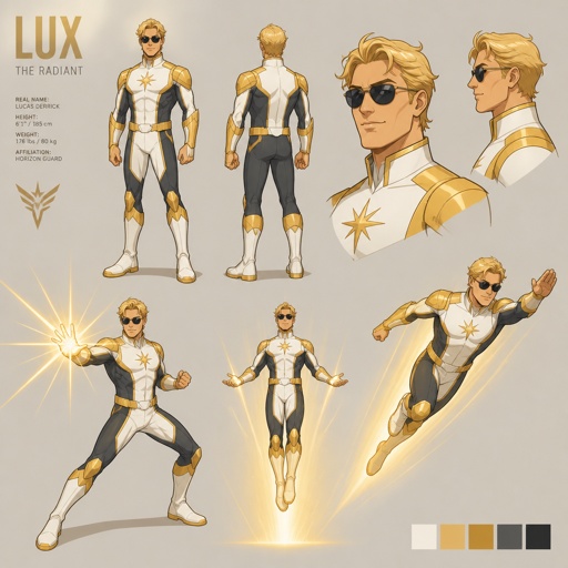 Male superhero with light powers, sunglasses, blonde, wears glasses when not a superhero,multiple of the same character 