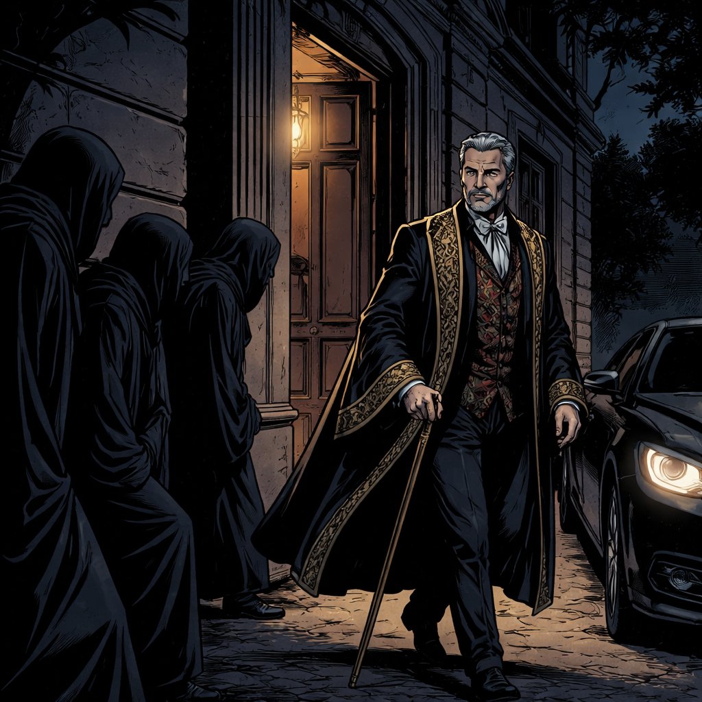 Realistic, refined it is very dark night to men in dark robes hiding behind a building coming out of the building is a very well dressed man in ornate robes about to enter his car no caricatures no speech bubbles