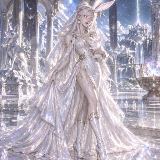 a woman in a white dress and bunny ears standing in front of a fountain