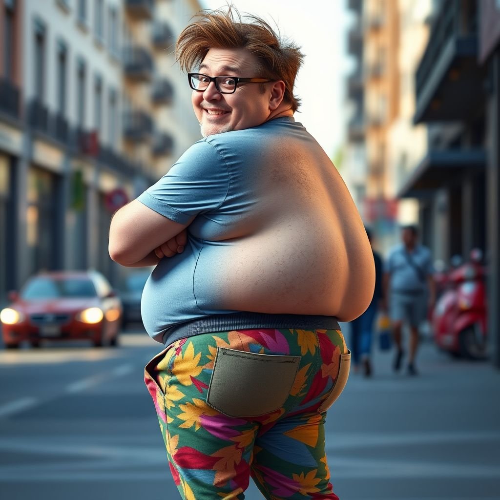 Create a funny looking man with slightly big buttock through pants called pamper butt