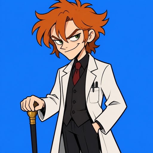 Male,young scientists,lots of bushy messy ginger hair part sticking up on the sides is also drooping down in the middle of his forehead linger strands of hair over his ears,shad,evil smirk,has a cane