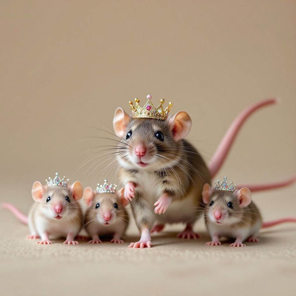 A queen rat with pink mini princess rats following her