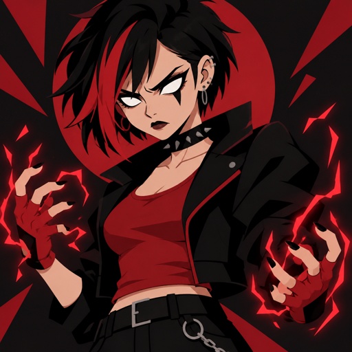 Female, black hair red streaks, half short messy hair, white eyes, black spike under eye, ear piercings, choker, black jacket with puffed sleeves, red shirt, fingerless red gloves, angry, using spasm powers