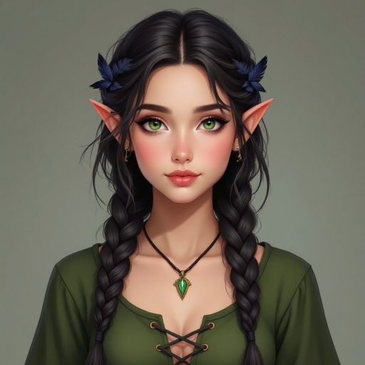 21 year old girl, half elf half Druid dark hair with black raven feathers throughout her hair sporadically but her hair is in messy braids she’s only about 5’2 and her outfit is green 