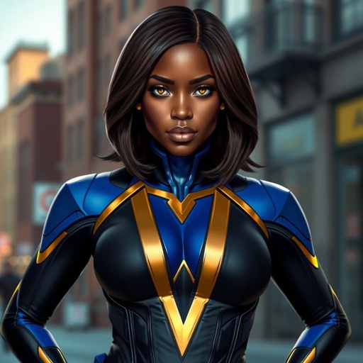 African American female superhero with hair  in a shoulder length side part hairstyle with pure Gold Glowing eyes wearing  a black royal blue and gold accented suit with royal blue pants and gold knee length boots with a V with the top half gold and the bottom half black as her chest emblem in Philadelphia 