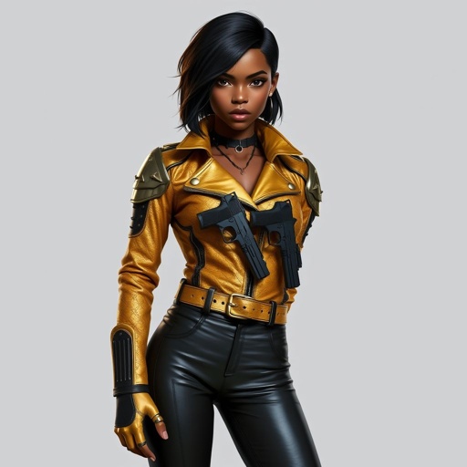 A teenage African American female with shoulder length hair  in a side part style wearing an armored gold leather jacket with black accents black leather pants and gold boots with a gun belt and two guns on her hips GOTHIC
