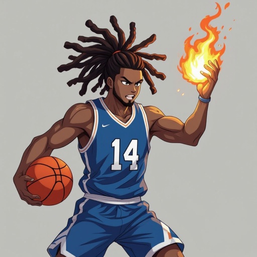 My character is a muscular guy with 12 big dreadlocks and Blue Basketball jersey with the number 14 and he is jumping high in the air with fire in his hands to dunk it like a basketball 