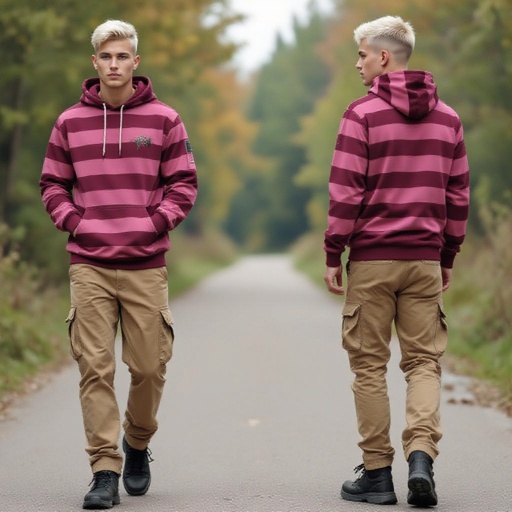 A 19 Year Old Man in Khaki colored Corduroys. Pink and Maroon Striped Tactical Hoodie with Platinum Blonde Hair and an Undercut. Black Hiking Shoes. In an Outdoor Walking Path. 