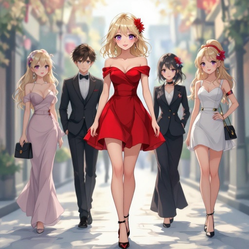 She has blonde hair and purple eyes and a red dress and black high heels and pearl earrings 