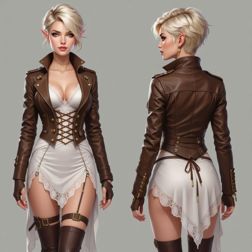 🎨 Ffionna Baelyn — Integrated Lace Underdress Variant  Semi-realistic fantasy portrait of Ffionna Baelyn, a female High Elf rogue assassin with an athletic, slender build. She has a short blonde pixie cut with layered texture and side-swept fringe, fair ivory skin with warm undertones, and bright green eyes with faint gold flecks. Her cropped brown leather jacket is cut at her chest with brass buckles and corset fastenings. Beneath her armor, she wears a fitted silver-white sheer lace underdress — thin, semi-transparent, and close to her body — visible at the neckline, sleeves, and lightly through the upper thighs beneath her leather layers. Her short black-brown leather skirt is solid and structured, with no lace on its surface, designed for movement and precision. The lace acts as a base layer, subtly glowing in soft light. She wears fingerless gloves and thigh-high strapped boots. Lighting is soft and cinematic with a neutral background, full-body to shins, following the 8-heads rule. 