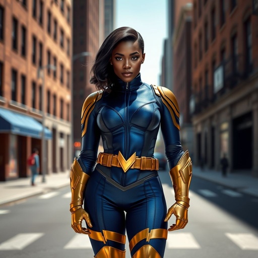 African American female superhero with hair  in a shoulder length side part hairstyle with pure Gold Glowing eyes wearing  slightly armored royal blue white and gold accented suit with royal blue pants and gold knee length boots with a utility belt with a gold V  as her chest emblem in Philadelphia 