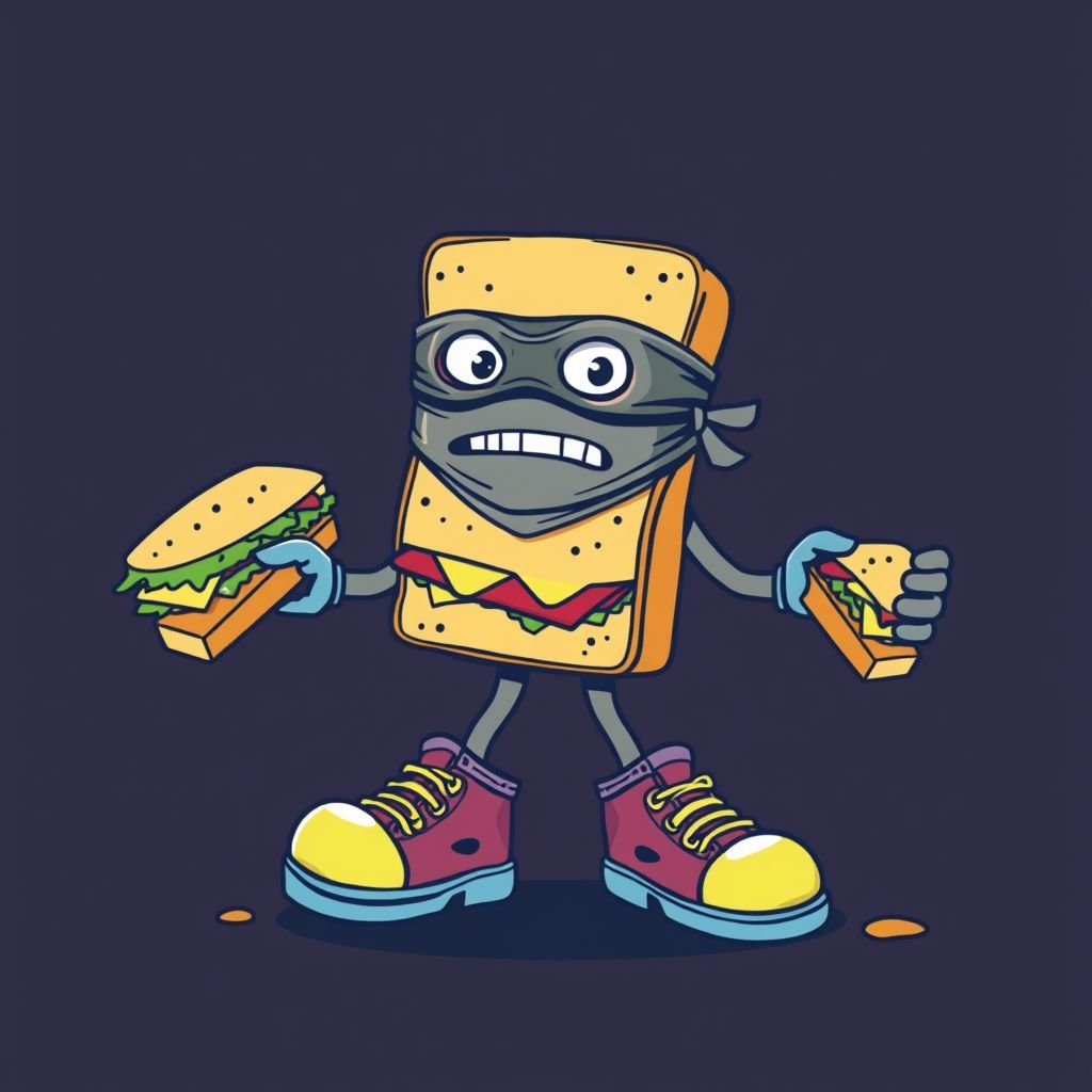 Create a funny looking clumsy sandwhich thief with funny shoes on. Make him have on the bandit black thing around his eyes