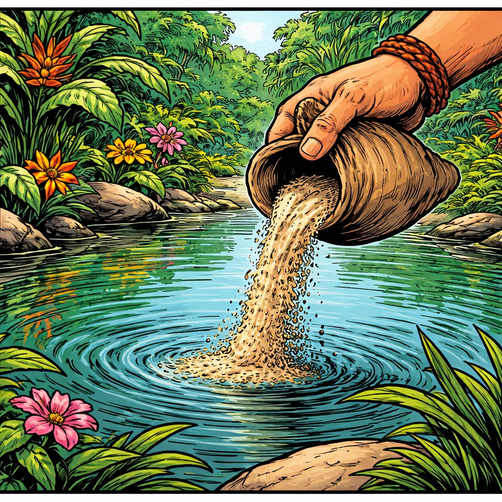 A hand holding a bag of sand pour it on the waters of a still surrounded by plants and flowers. The scene is indigenous South American.