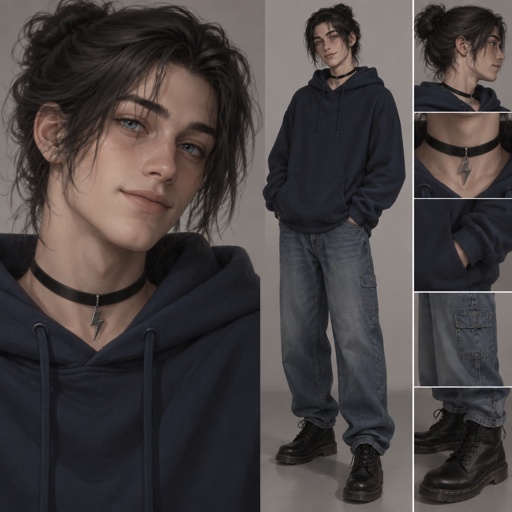 Male, 16, black hair, hair stops at shoulders, hair is almost always in a bun, a soft smile, light blue eyes, a choker with a lightning bolt charm, a navy blue over sized hoodie, baggy jeans, black boots, and 5’7 feet tall