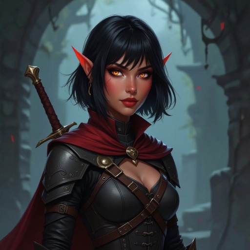 A female tiefling with short black hair in a bob cut with bangs has red skin and orange eyes, tiefling rogue, female tiefling, red skinned female, female with black hair, female with orange eyes, tiefling female, female rogue, dnd rogue, dnd female,