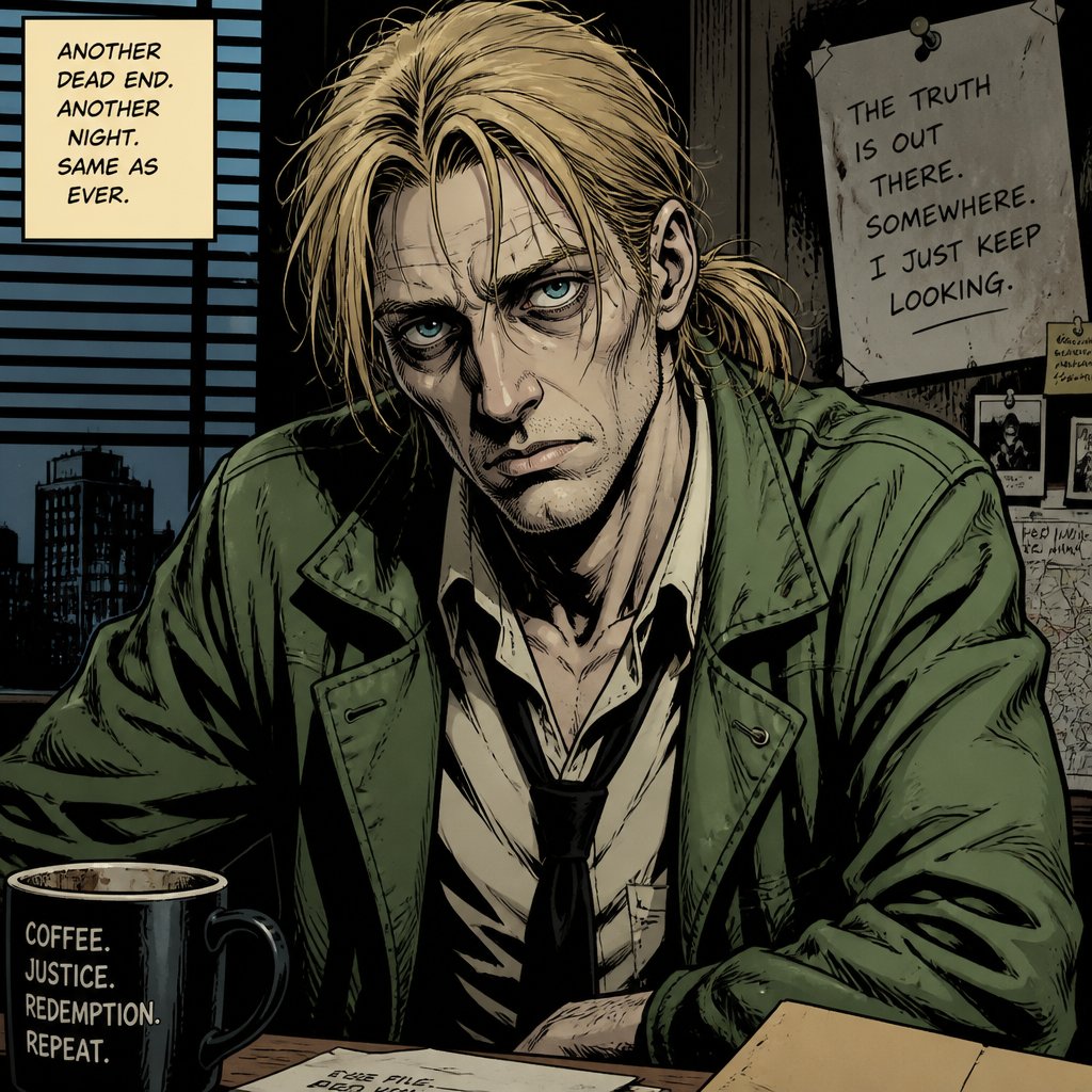 Male is a detective with medium crazy messy light blonde hair pale tall thin and tied blue green eyes wears a mossy green jacket exhausted look on face