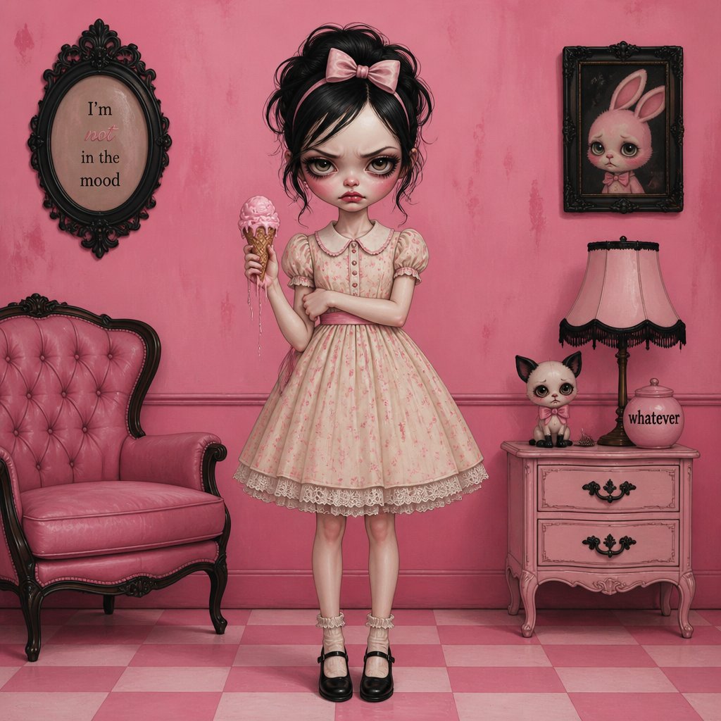 Create a white female someone would call grouchy(show image head to toe)