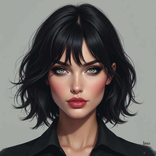 Show character head to toe. Create a mid age mysterious woman jet-black hair is cut sharpand her eyes seem to pierce through darkness. A shadowy aura clings to her form,