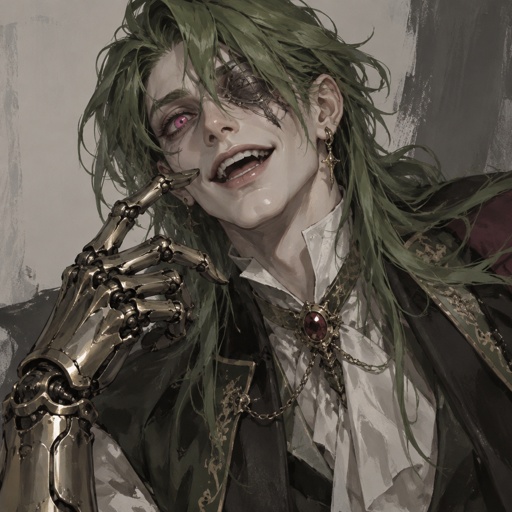Male,green long hair,one pink eye the other eye is blind, excited,pale skin,fancy, robotic arm