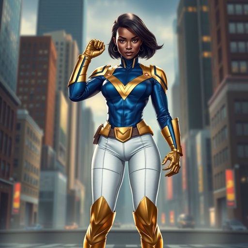 African American female superhero with hair in a shoulder length side part hairstyle with pure Gold Glowing eyes wearing slightly armored white royal blue and gold accented suit with white pants and gold knee length boots with a utility belt with a gold V as her chest emblem in Philadelphia