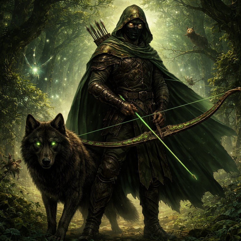 Create a rogue DnD inspired character in forest green cloak and wearing forest green mask over his mouth! Have him wearing leather armour and wielding a brown longbow intricately carved with runic patterns! Have a dark brown wolf with forest green eyes! Have background be an ancient beautiful forest alive with animals!