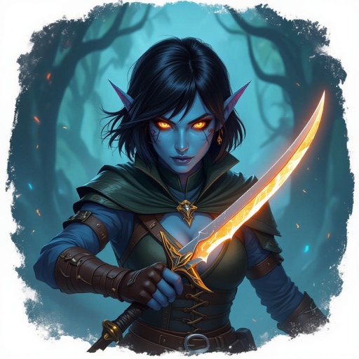 A female tiefling with short black hair in a bob cut with bangs has blue skin and orange eyes, tiefling rogue, female tiefling, blue skinned female, female with black hair, female with orange eyes, tiefling female, female rogue, dnd rogue, dnd female.