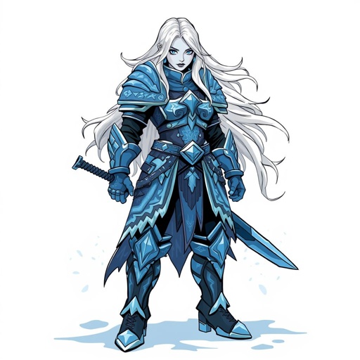 Create a battle woman hero called Alvara the Frostheart. Show full body head to toe including shoes